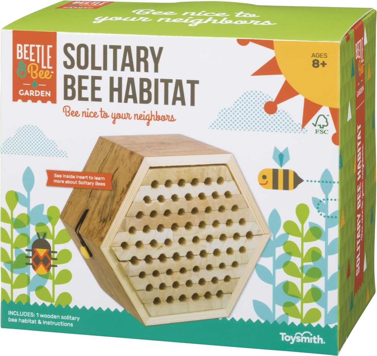 Toysmith Beetle & Bee Solitary Bee Habitat - DIY Kid Art Craft Outdoor Bee Kit, 7.5" x 4.5" x 6.5", No hardware / no glue required, 13 Wooden Pieces, FSC Certified, Age 8+